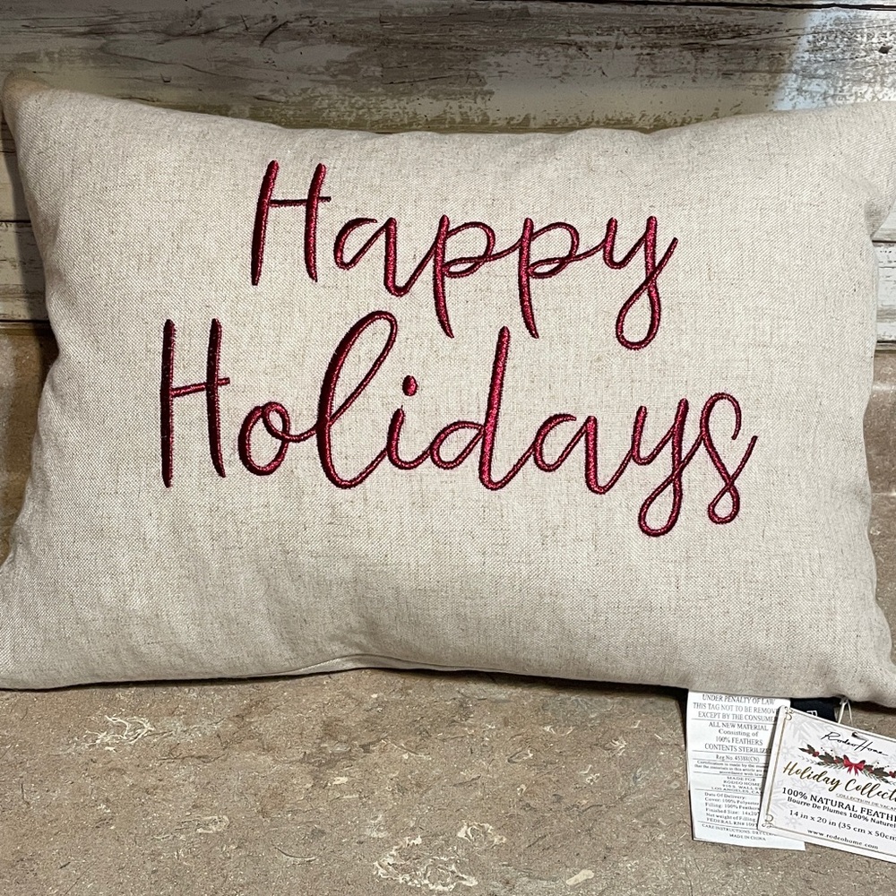 Happy Holidays Decorative Pillow - Cream with Red Embroidery